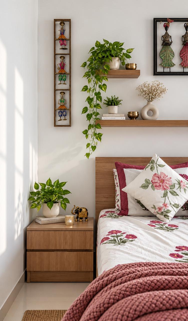 Bedroom detail with floral bedding and bedside table